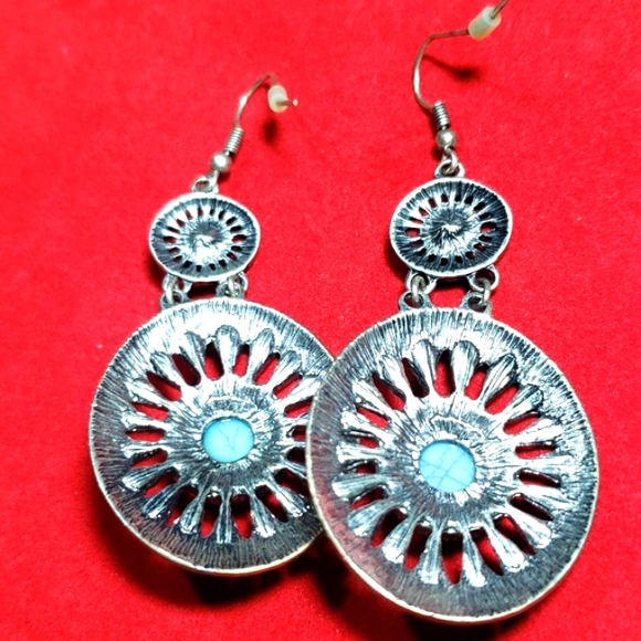 Antique Turquoise Double Beautiful Earrings Silver Tone &  Stones - Picture 11 of 12